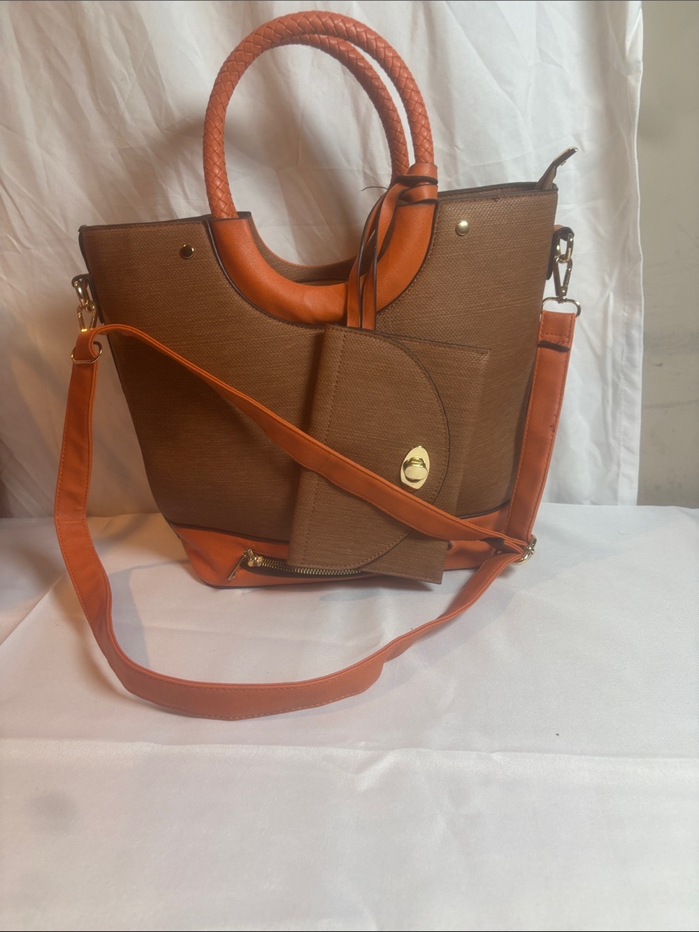 Women’s Brown & Orange Tote with Removable Crossbody Strap